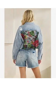 Classic denim jacket with lace sequins contrast