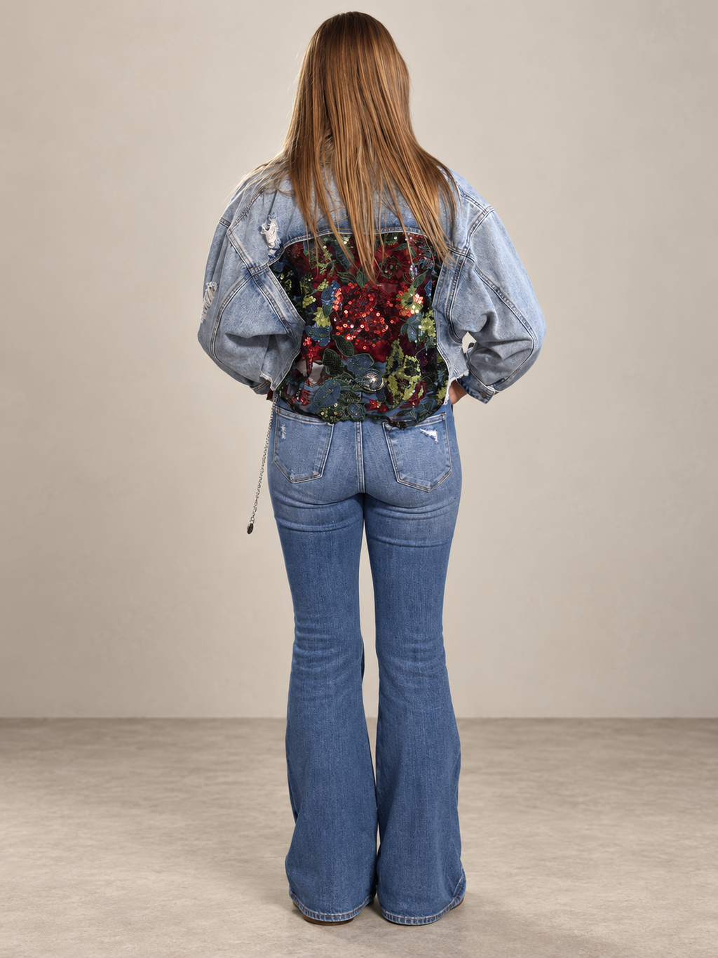 Classic denim jacket with lace sequins contrast