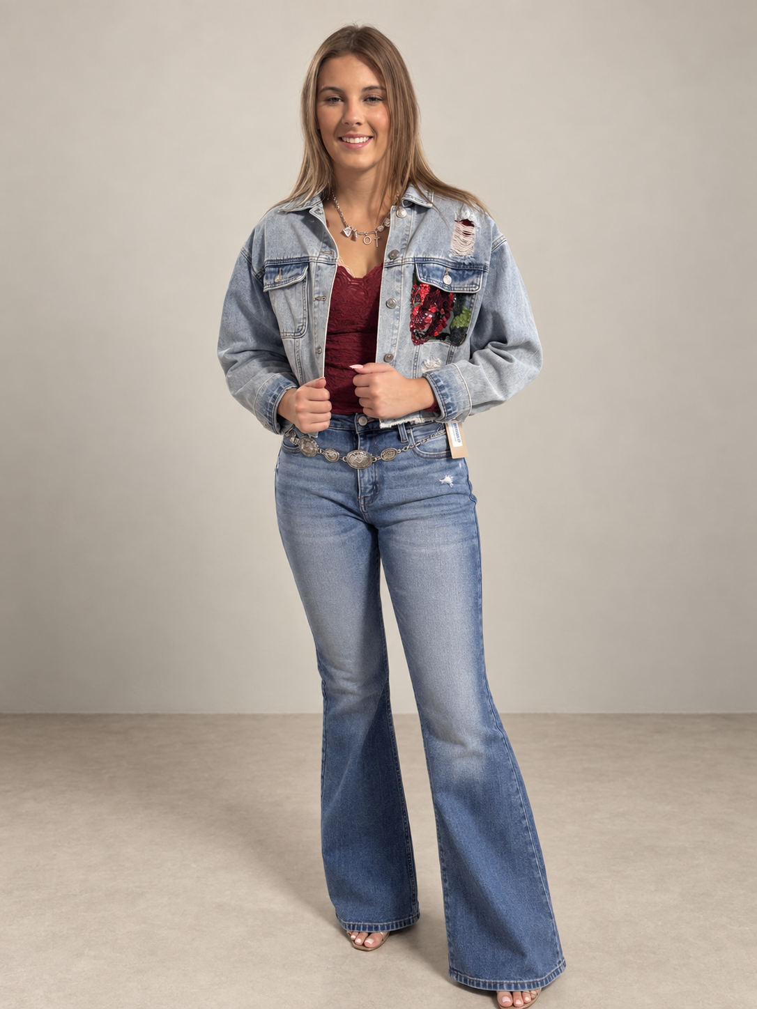 Classic denim jacket with lace sequins contrast